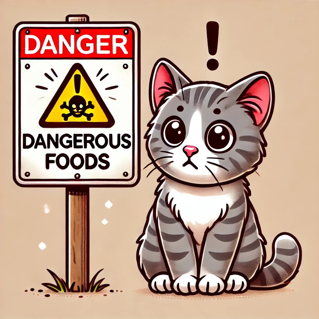 Gatto curioso accanto a un segnale di avvertimento con simbolo di pericolo e testo 'Dangerous Foods'. Il gatto appare ignaro del pericolo rappresentato dai cibi tossici. Immagine su sfondo semplice per enfatizzare il messaggio di prevenzione alimentare per i gatti.