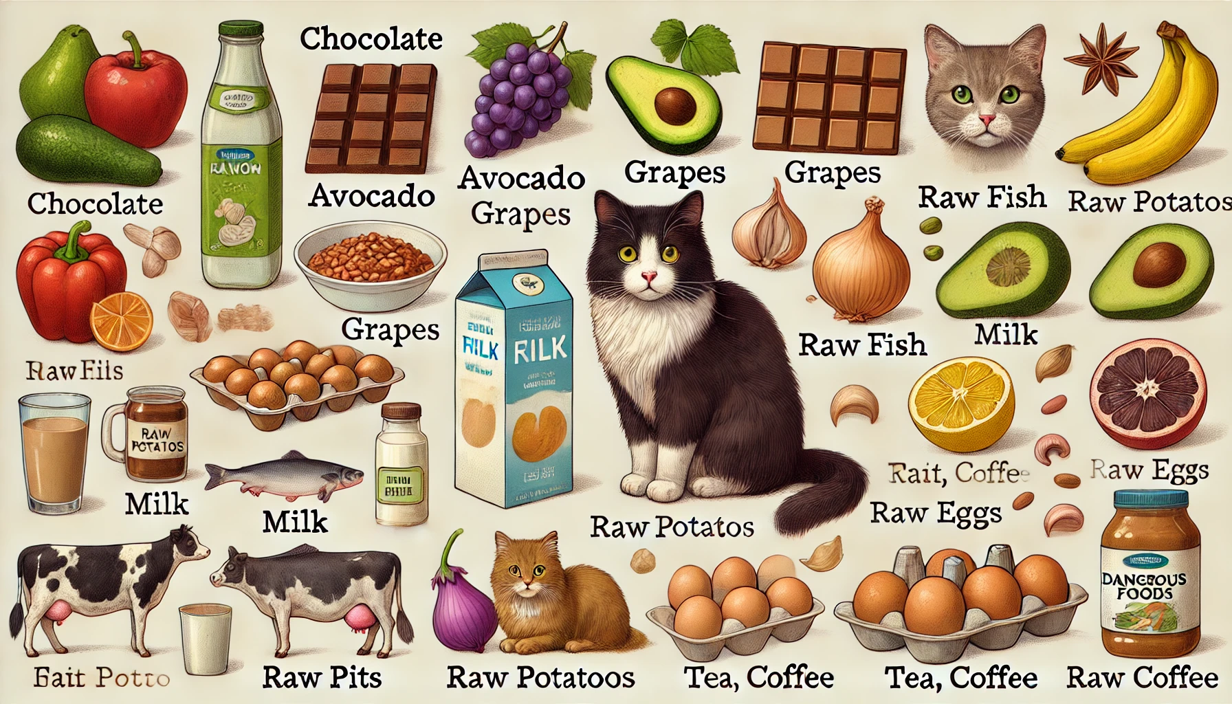 "Collage di cibi pericolosi per gatti: cioccolato, avocado, uva, patate crude, latte, pesce crudo, aglio, cipolle, noccioli di frutta, tè, caffè e uova crude. Ogni cibo è etichettato per una facile identificazione. Proteggi il tuo gatto evitando questi alimenti tossici.